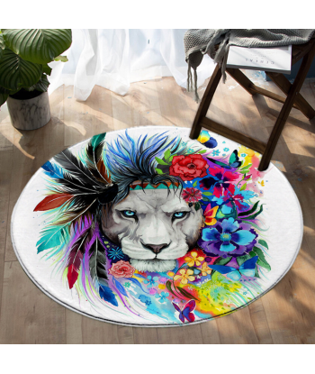 Tapis Rond Lion  Fleurs Colorées soldes